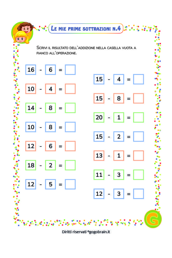Collezione di schede per le prime sottrazioni