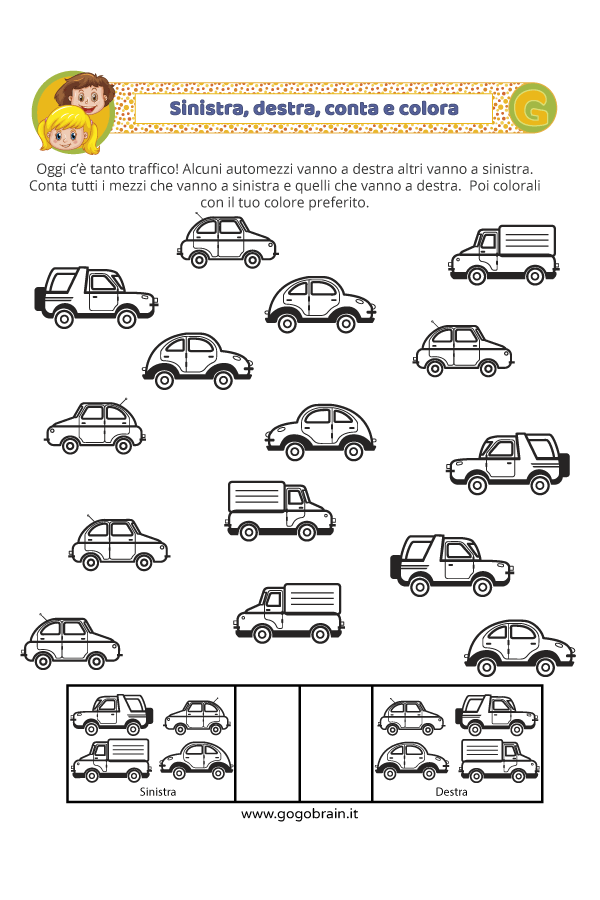 Sinistra e destra. Conta e colora.
